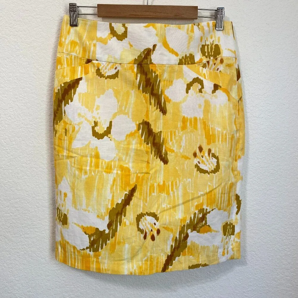 Calvin Klein Yellow Floral Linen Blend Pencil Skirt